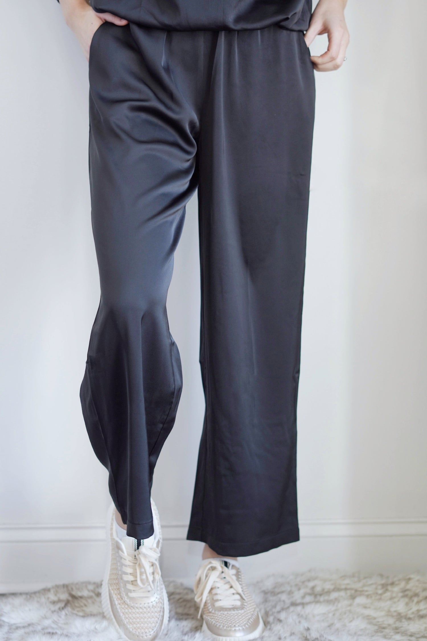 See Me in Satin Cropped Pant Elastic Waistband High Waisted Colors: Black,  Cropped Length Loose Fit Pockets 100% Polyester