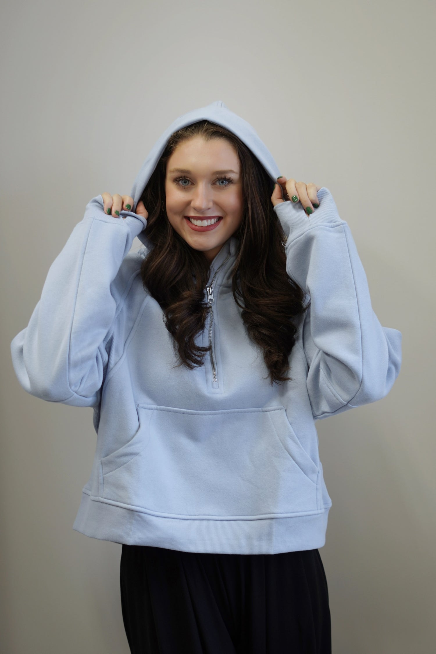 Sarah Scuba Hooded Sweatshirt Quarter Zip Long Cuffed Sleeves Kangaroo Pocket Colors:  Sky Blue Skimmer Length Relaxed Fit 70% Polyester, 30% Cotton