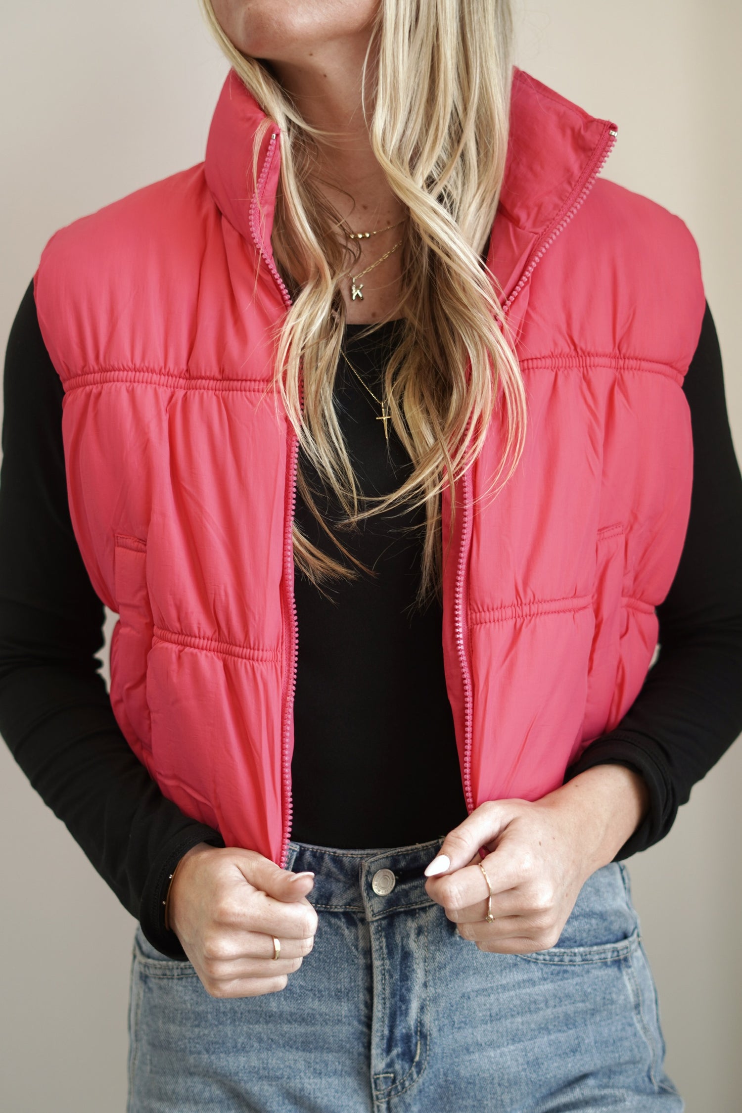 The Essential Cropped Puffer Vest Collar Neckline Sleeveless Pockets Fuchsia color Cropped Length 100% Nylon