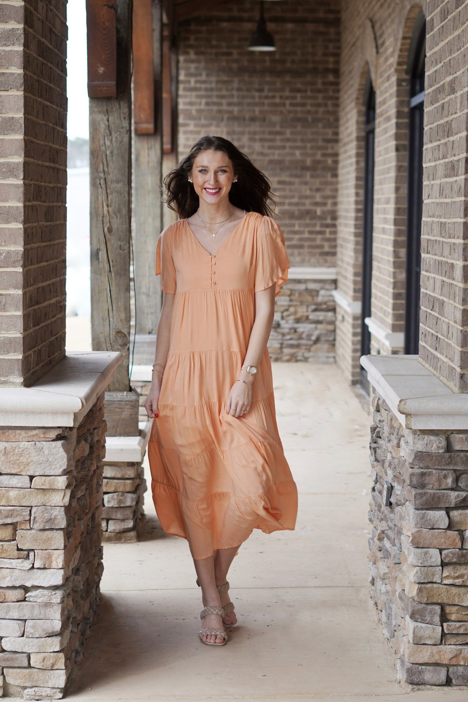 Sunshine Solid Orange Flowy Maxi Dress V Neck Line Button Down Short Flowy Sleeves Color: Bright Orange Maxi Dress Dress Underlining 100% Rayon