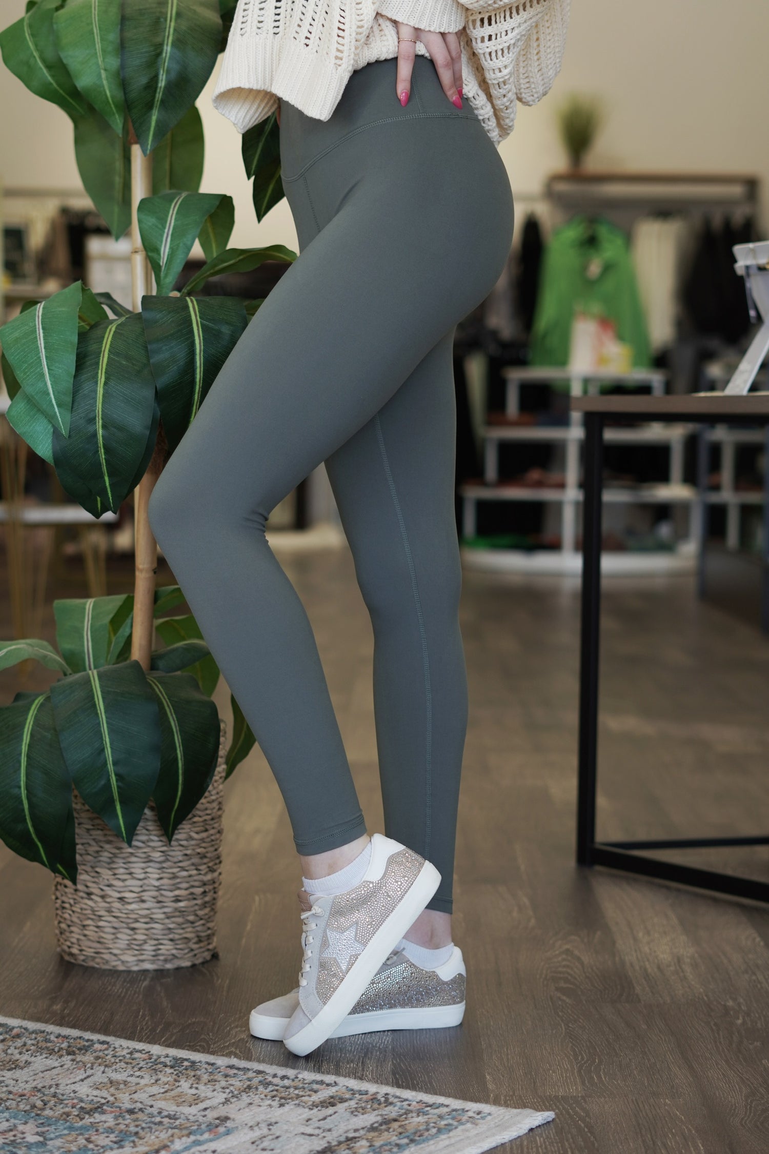 Hayley High Waisted Yoga Leggings High Waisted Full Length Butter Soft material Color:  Grey Sage Tight Fit 84% Poly Micro Fiber, 16% Spandex Wash With Other Colors Model is wearing size: Small