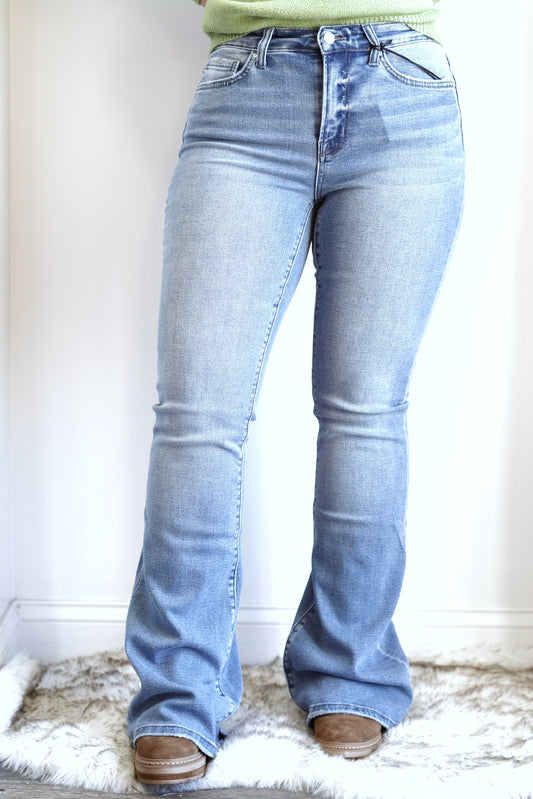 Molly Mid-Rise Flare Jeans Button/Zipper Closure Full Length Flares Color/Denim True To Size