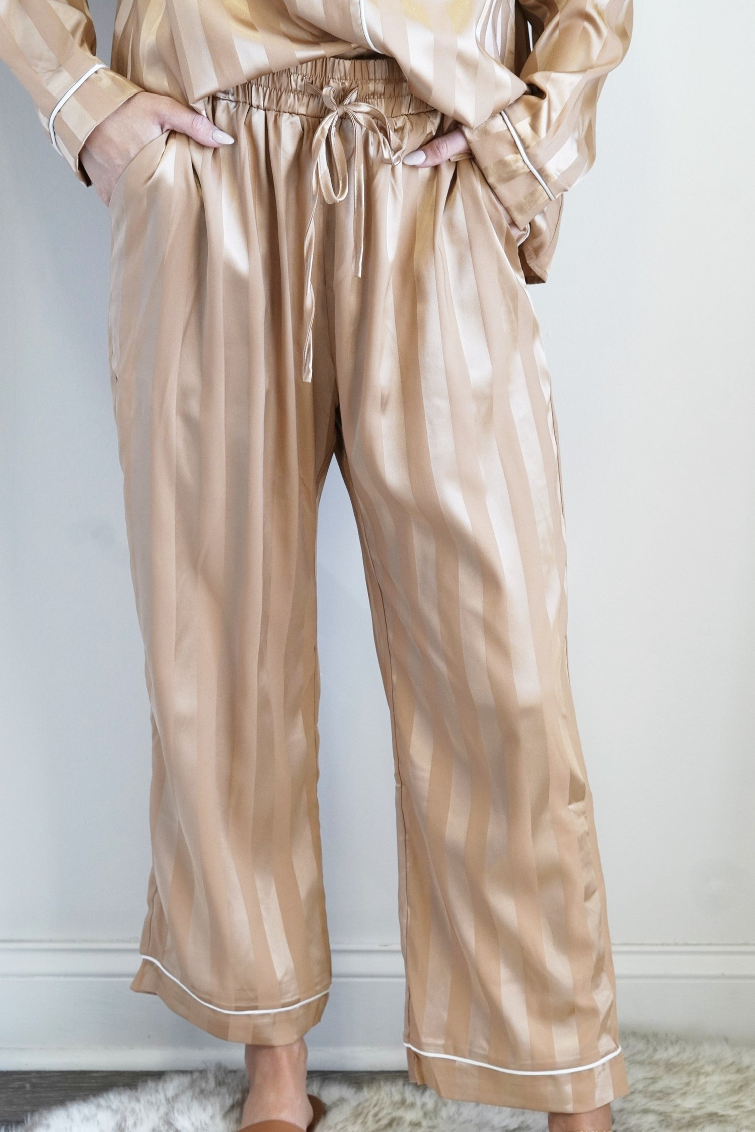 Elastic Waistband w/ Drawstring Two Toned Stripes Colors:  Gold White Trim Full Length Pants Relaxed Fit 100% Polyester  
