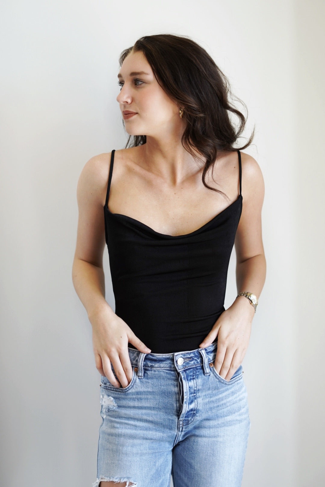Samantha Sleek BodySuit Cowl Neckline Spaghetti/Adjustable Straps Colors/ Black, Button Closure 95% Polyester, 5% Spandex