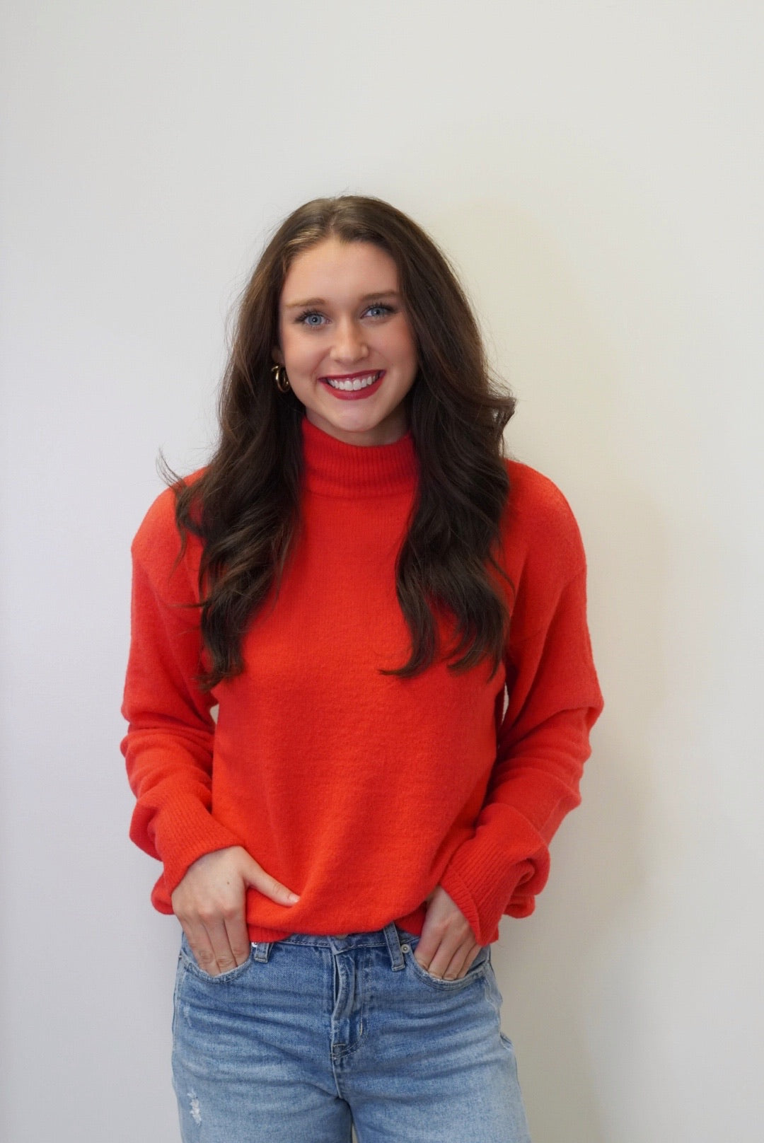 Nelly Knit Turtleneck Sweater Turtleneck  Long Cuffed Sleeves Colors:  Red Relaxed Fit Full Length 90% Nylon, 10% Polyester