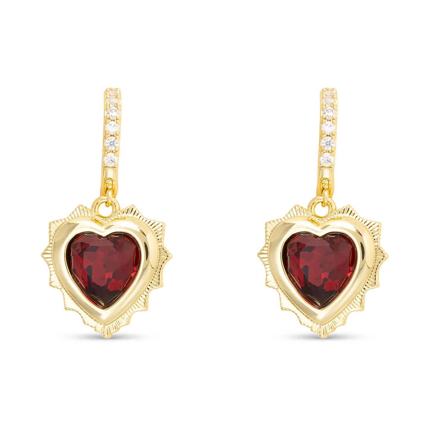 Gold Huggie Earrings with Gold Dangle Heart Pendant Filled with Birthstone Crystal