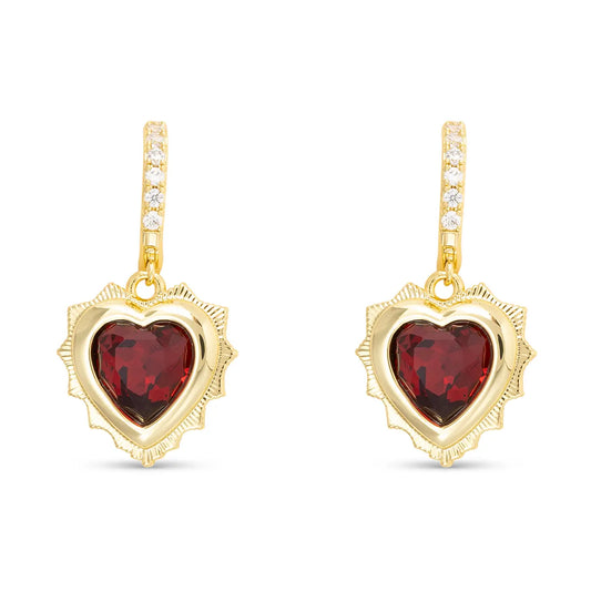 Gold Huggie Earrings with Gold Dangle Heart Pendant Filled with Birthstone Crystal