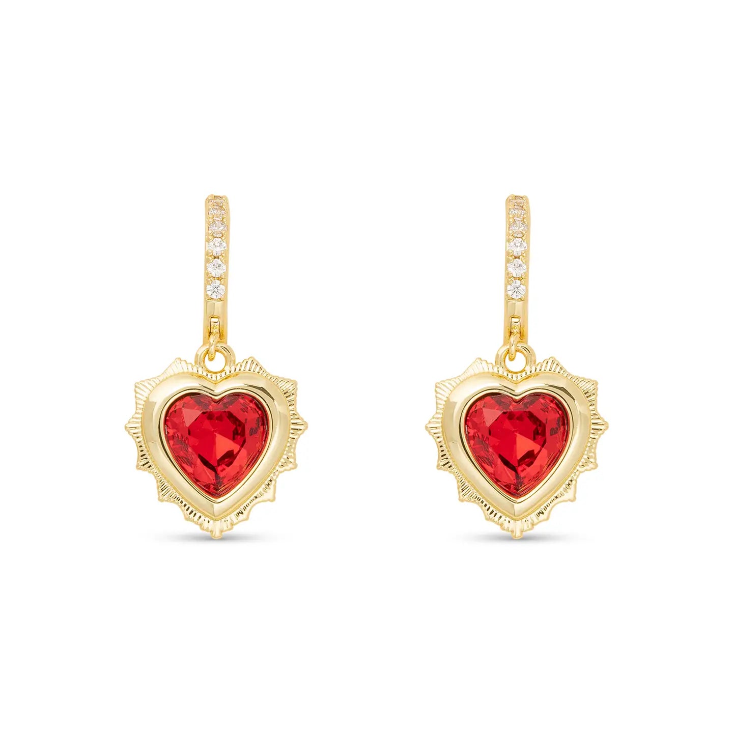 Gold Huggie Earrings with Gold Dangle Heart Pendant Filled with Birthstone Crystal