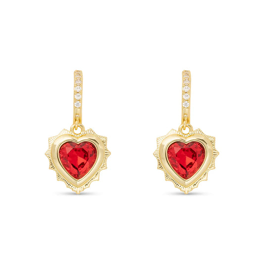 Gold Huggie Earrings with Gold Dangle Heart Pendant Filled with Birthstone Crystal