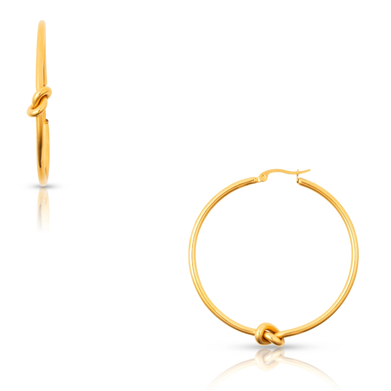 large snap gold hoop earrings with knot detail