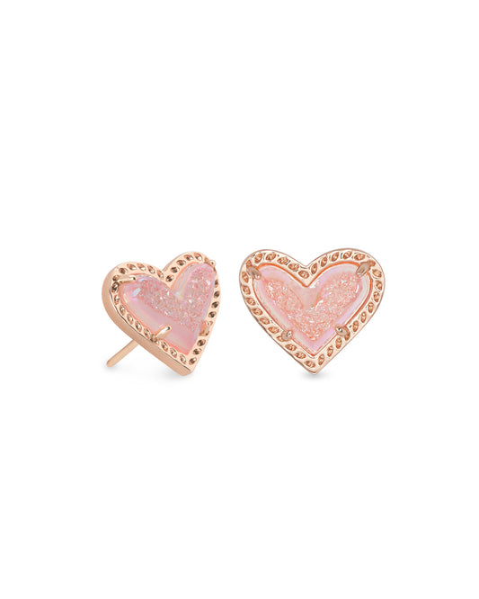 Kendra Scott Ari Heart Stud Earrings Rose Gold Light Pink Drusy