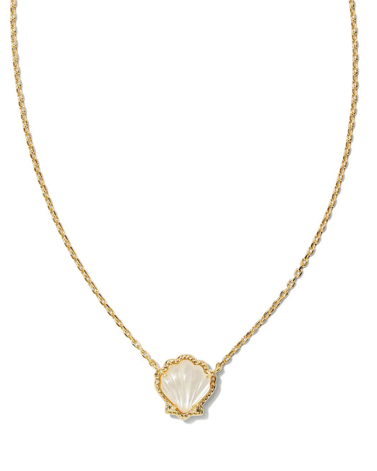 gold necklace with a shell pendant with a ivory stone center, size is 19" Chain, 0.60"L X 0.57"W Pendant