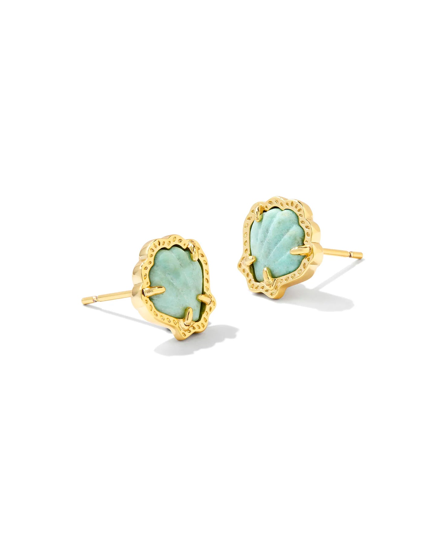 gold stud earrings with a seashell shape and a sea green stoned center, size is 0.42"L X 0.40"W