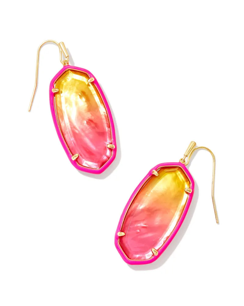 The Elle Gold Enamel Framed Drop Earrings in Dark Lavender Ombre Illusion are inlaid with an ombre stone and framed by a pop of colorful enamel, creating a fun take on our best-selling icon. Perfect for both every day and special occasions, these one-of-a-kind earrings are your new go-to.  Metal  14K Gold Over Brass   Material  Dark Lavender Ombre Illusion   Closure  Earwire   Size  1.49" L X 0.73" W