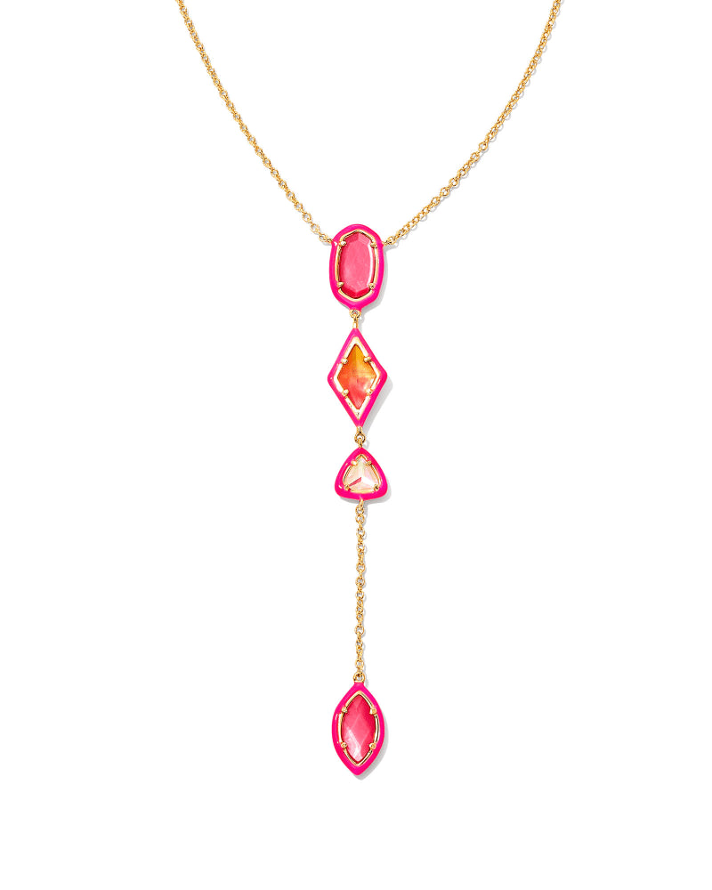 The necklace of your dreams has arrived. From the mixed-shape mosaic design to the dimensional ombre colors and striking enamel frames, the Greta Gold Y Necklace in Pink Mix is sure to boost any ‘fit morning, noon, or night.  Metal  14K Gold Over Brass   Material  Pink Mix   Closure  Lobster Clasp W/ Single Adjustable Slider Bead   Size  21" Chain, 5.5" Drop