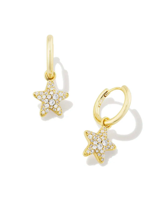 gold huge earrings with a gold crystalized star charm, size is 0.58" Outside Diameter,0.58 "L X 0.45"W Charm