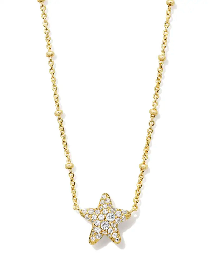 Gold necklace with a starfish gold charm studded with white crystals, size is 19" Chain ,0.46"L X 0.53"W Pendant