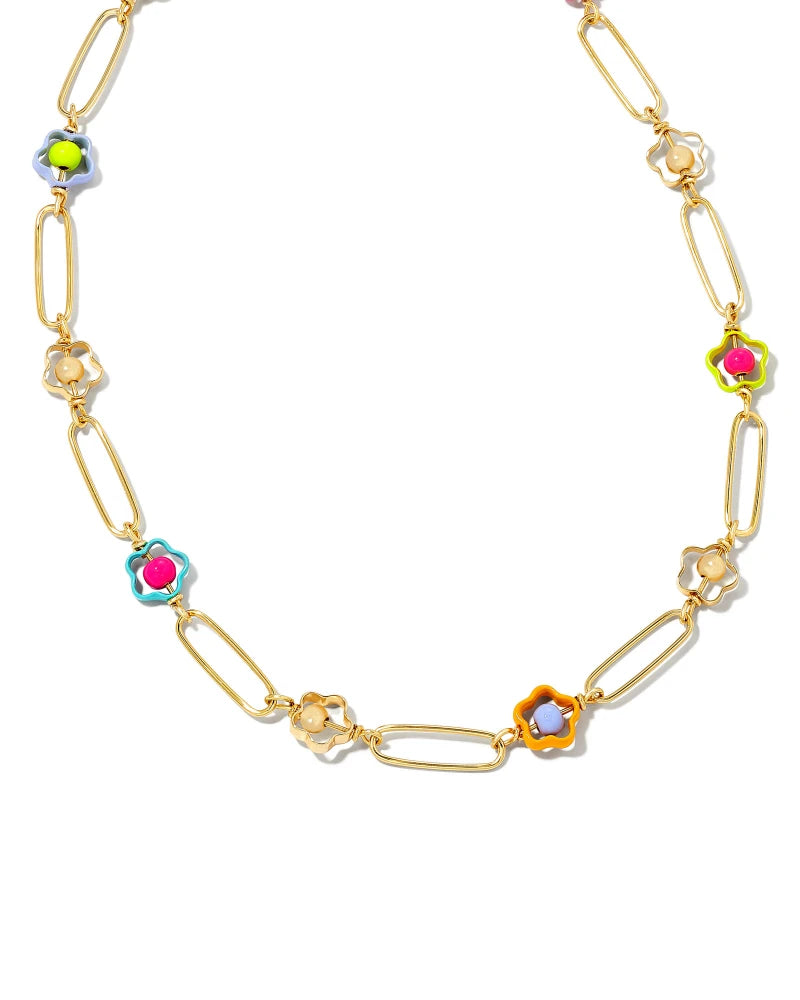 Pairing long oval links with colorful floral accents, the Susie Gold Link and Chain Necklace in Rainbow Multi Mix is a contemporary take on a nostalgic trend. Surprisingly delicate, wear this innovative chain with anything—and everything.  Metal  14K Gold Over Brass   Material  Rainbow Multi Mix   Closure  Lobster Clasp   Size  18" Chain With 3" Extender