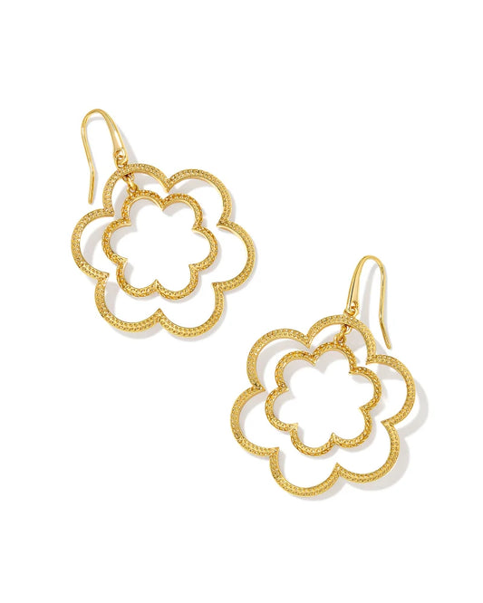 The Susie Open Frame Earrings in Gold add a retro touch to your outfit thanks to their nostalgic floral design. Surprisingly lightweight, style them with simple studs for a statement stack or wear them solo for a softer, playful look.  Metal  14K Gold Over Brass   Closure  Ear Post   Size  1.74" L X 1.20" W