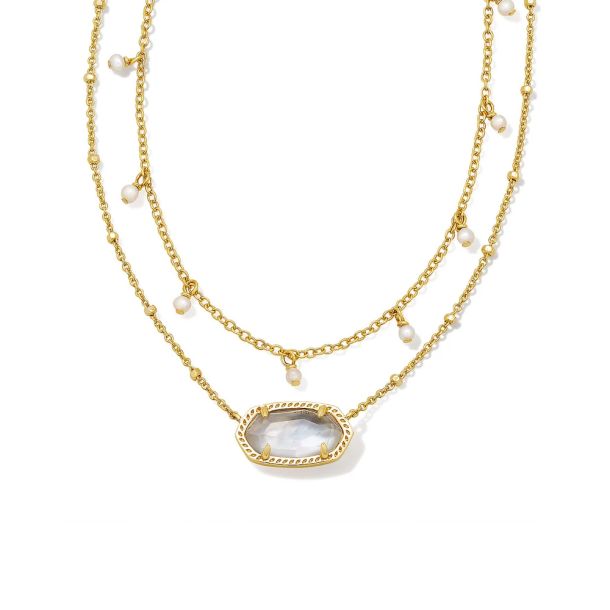 double strand gold necklace. one necklace has a n ivory mother of pearl stoned framed charm and the other is lined with small pearl charms Size - 19", 20" chains , 0.38"L X 0.71"W pendant
