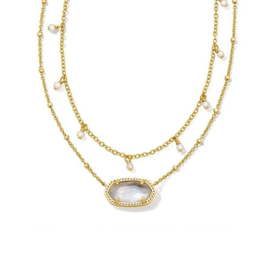 double strand gold necklace. one necklace has a n ivory mother of pearl stoned framed charm and the other is lined with small pearl charms Size - 19", 20" chains , 0.38"L X 0.71"W pendant
