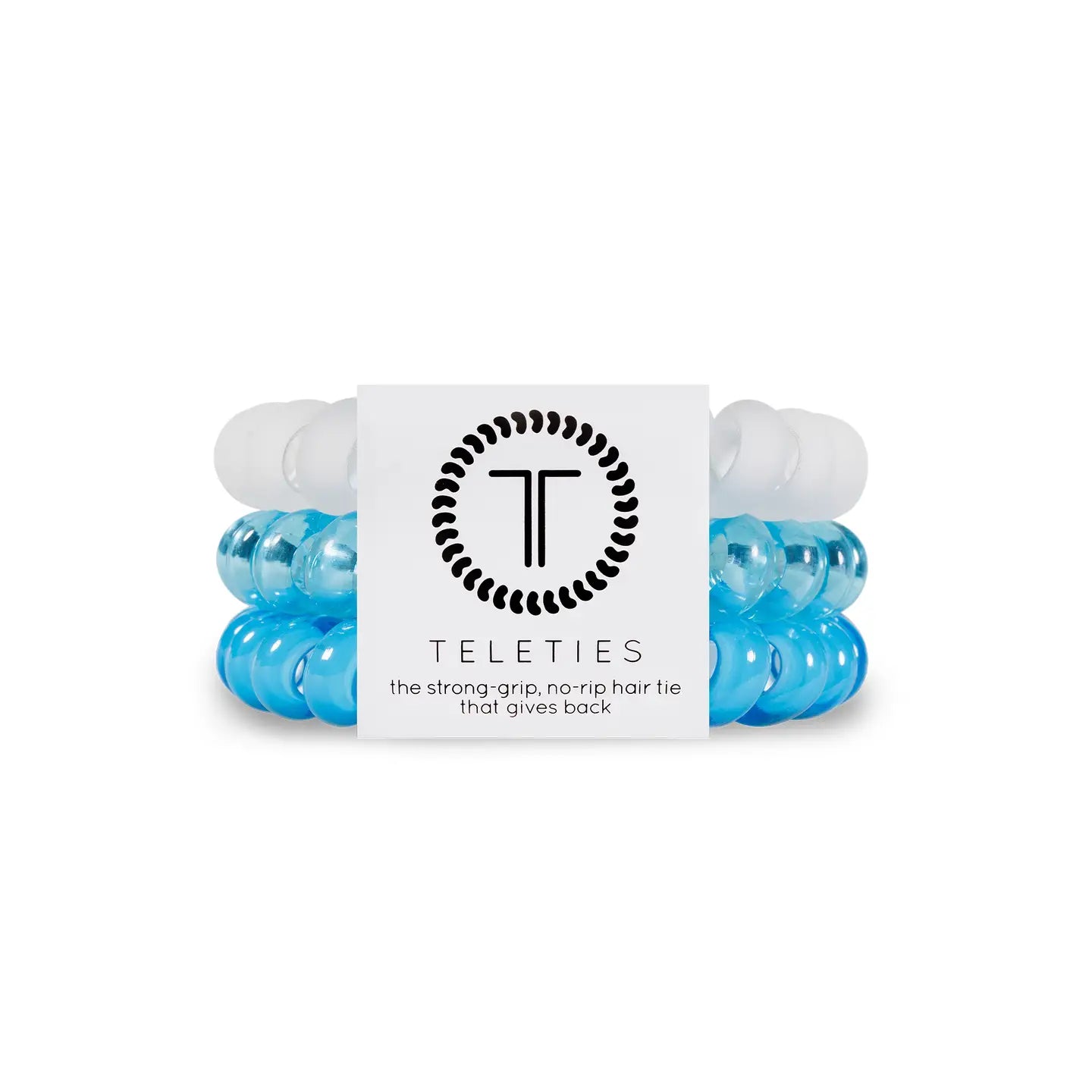 set of 3 teletie hair coils. one matte white, one translucent blue, and one bright blue