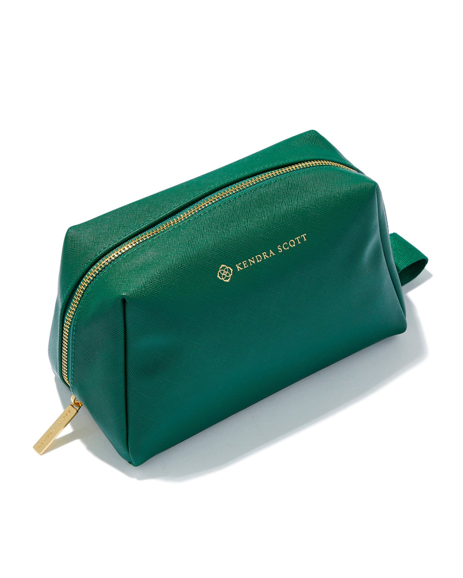 green cosmetic zip case gold zipper and kendra scott label