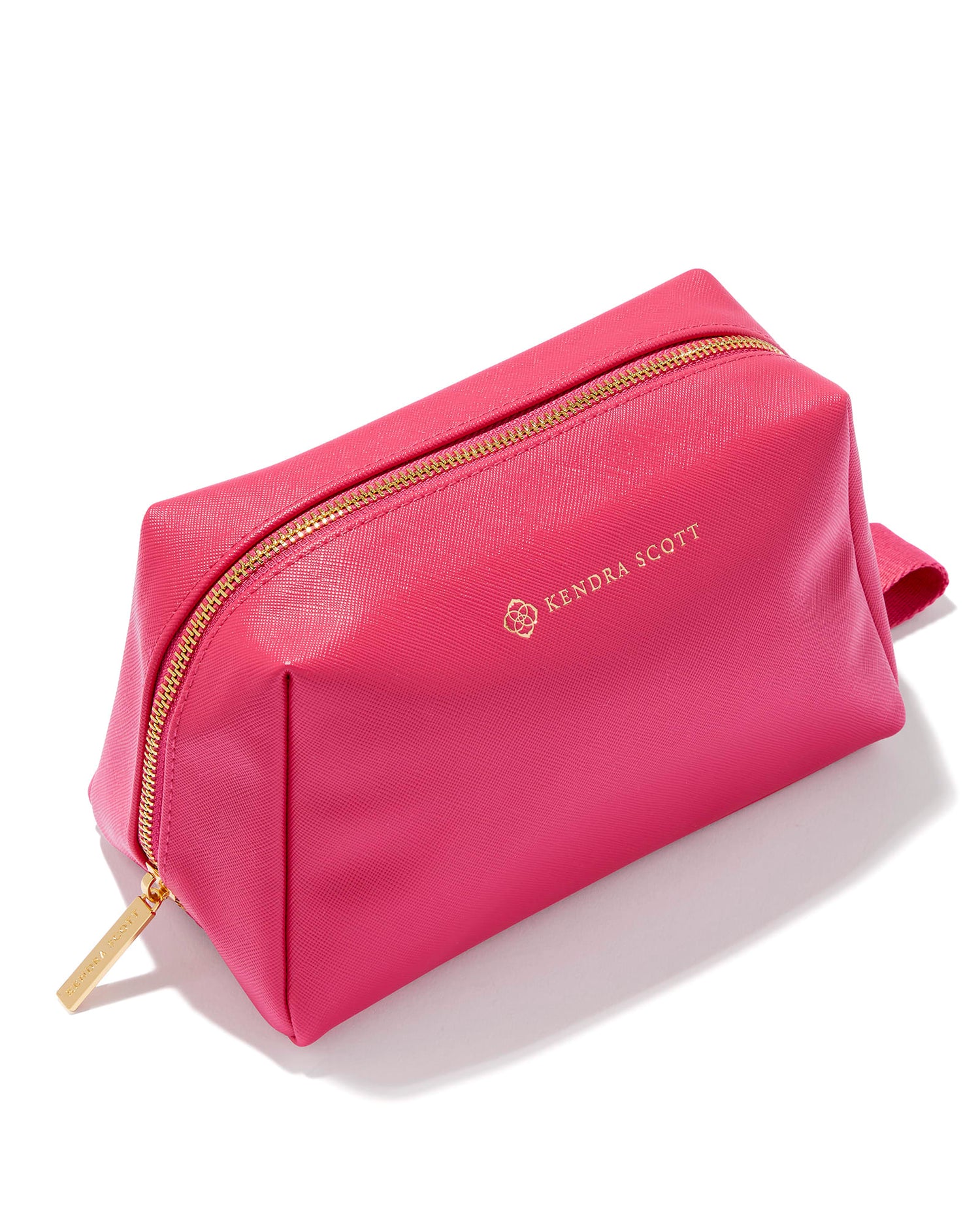 hot pink cosmetic zip case gold zipper and kendra scott label 8.3" (L) X 4.3" (W) X 49" (H)