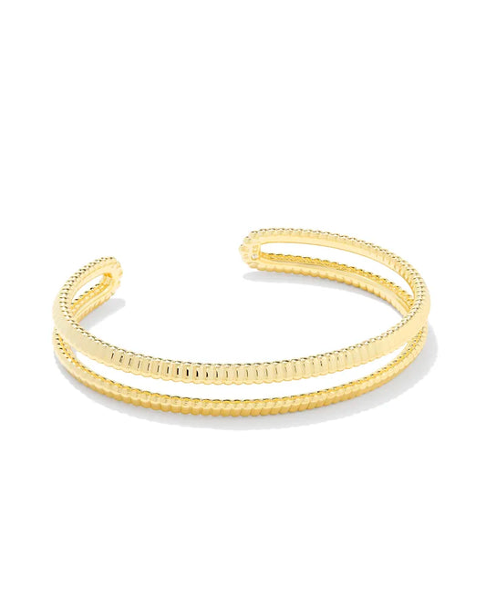 double band gold cuff<h3>Metal</h3> <p>14k Yellow Gold Over Brass</p> <p><br><br></p> <h3>Closure</h3> <p>Adjustable</p> <p><br></p> <h3>Size</h3> <p><span>2.28" Inner Diameter</span>&nbsp;</p>