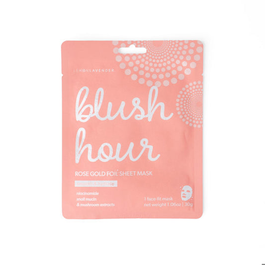 Pink sheet mask packaging with 'blush hour' branding on display