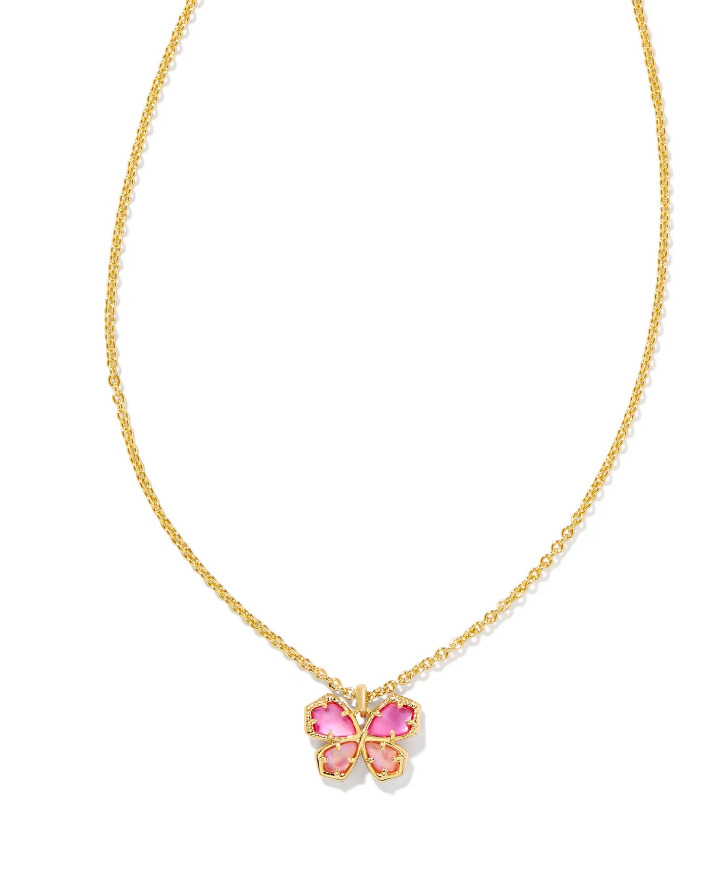 gold necklace with a butterfly charm in a pink mix stone 19" Chain, 0.63"L X 0.5"W Pendant