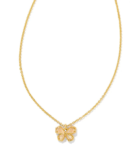 gold necklace with a butterfly charm in a golden abalone stone color 19" Chain, 0.63"L X 0.5"W Pendant