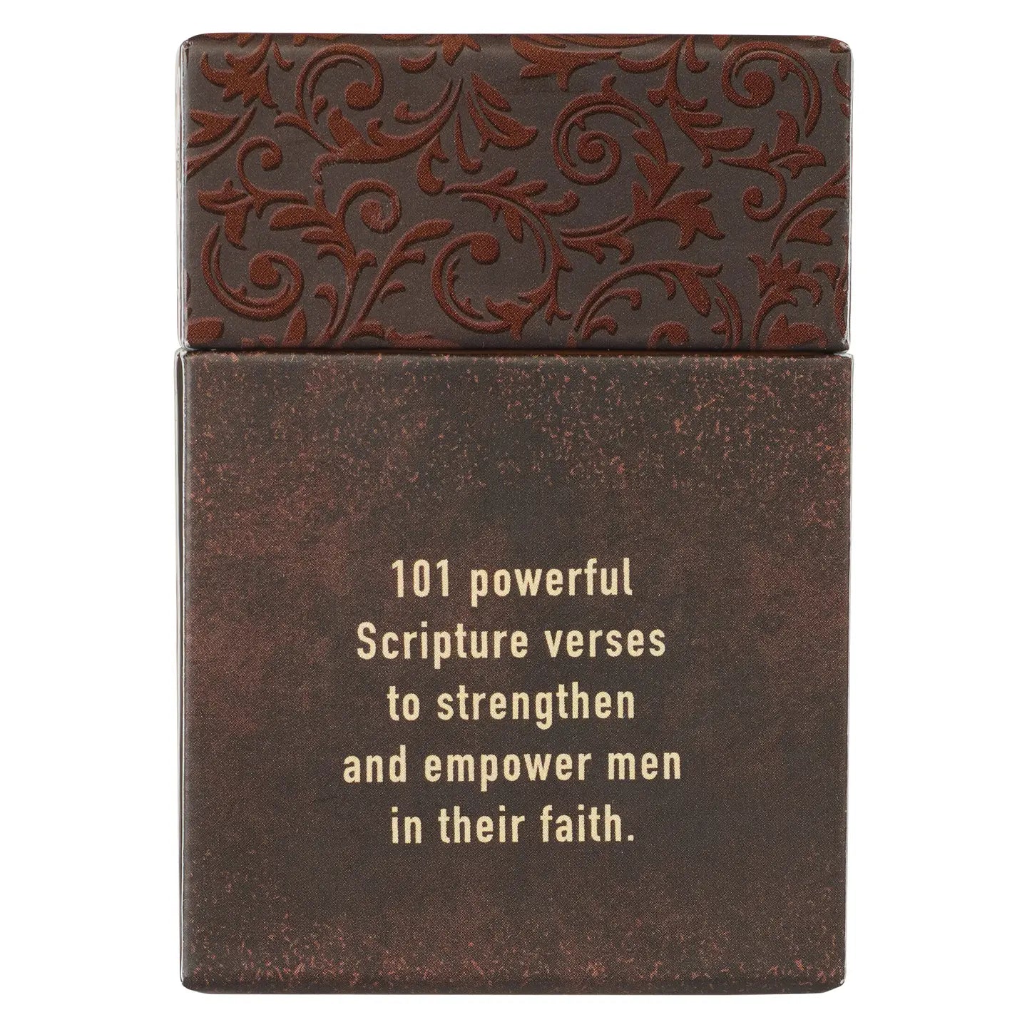 Full-color box with a bold brown design, Tan-lettered title, Man of God Honey-brown and Espresso Collection, 50 double-sided cards, 101 Scripture verses, Full-color print on the box, Full-color print on cards, Sturdy box with lid, Each box shrink-wrapped