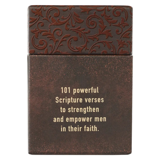 Full-color box with a bold brown design, Tan-lettered title, Man of God Honey-brown and Espresso Collection, 50 double-sided cards, 101 Scripture verses, Full-color print on the box, Full-color print on cards, Sturdy box with lid, Each box shrink-wrapped