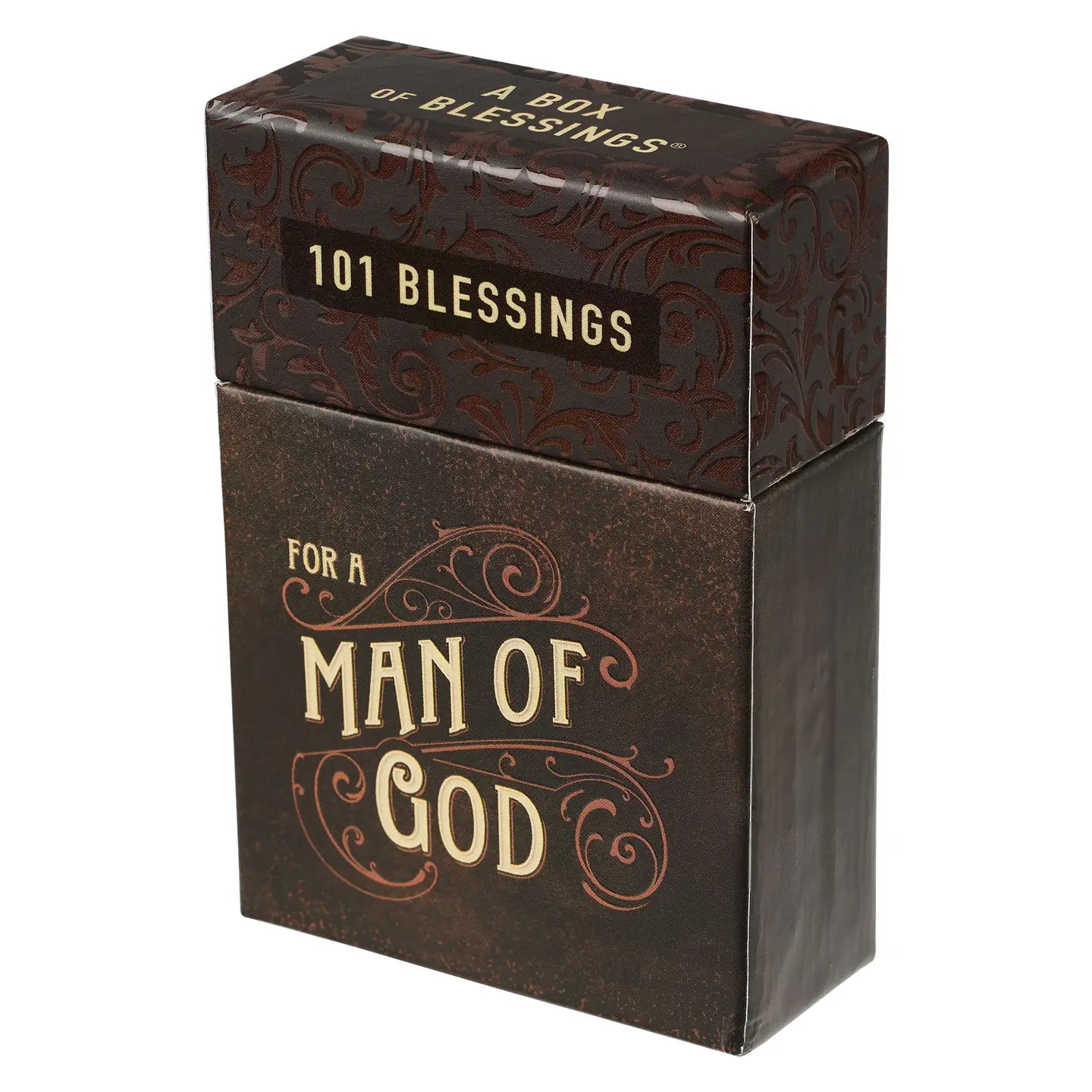 Full-color box with a bold brown design, Tan-lettered title, Man of God Honey-brown and Espresso Collection, 50 double-sided cards, 101 Scripture verses, Full-color print on the box, Full-color print on cards, Sturdy box with lid, Each box shrink-wrapped