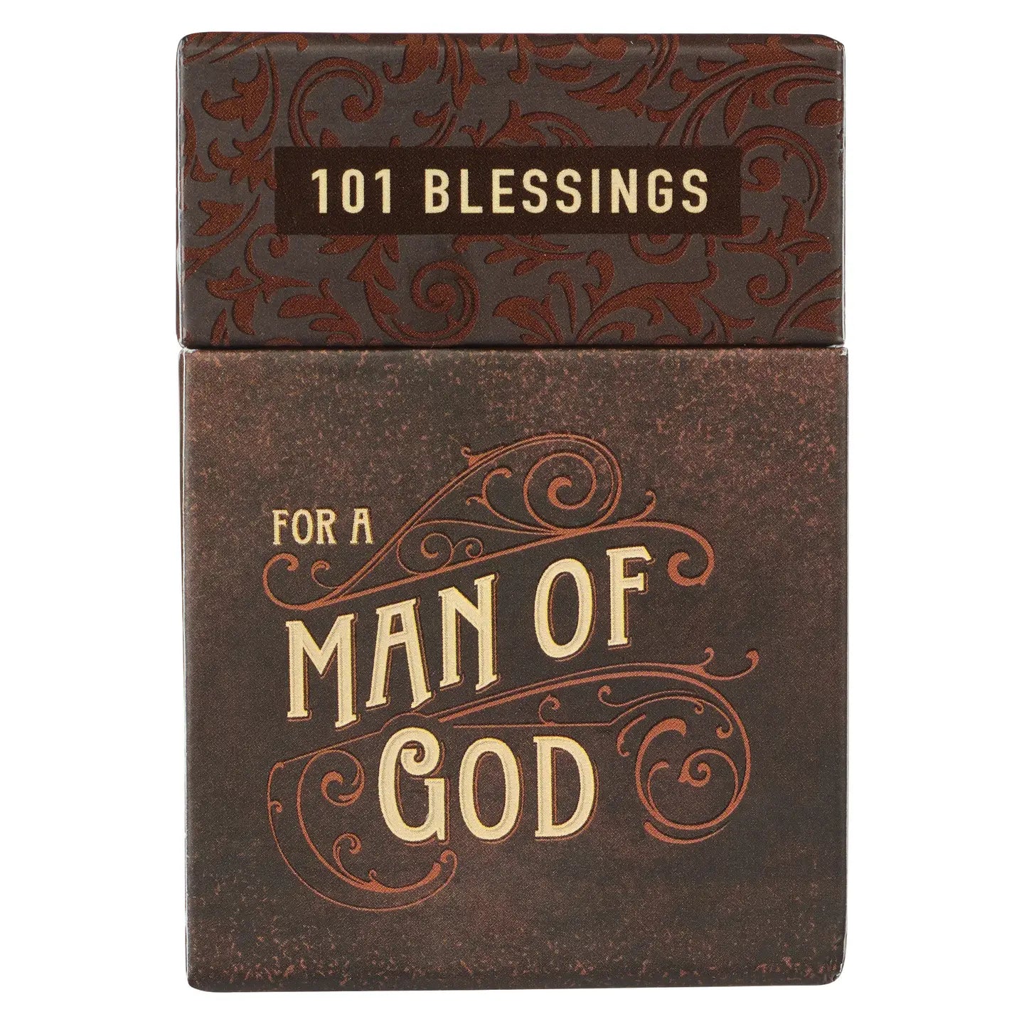 Full-color box with a bold brown design, Tan-lettered title, Man of God Honey-brown and Espresso Collection, 50 double-sided cards, 101 Scripture verses, Full-color print on the box, Full-color print on cards, Sturdy box with lid, Each box shrink-wrapped