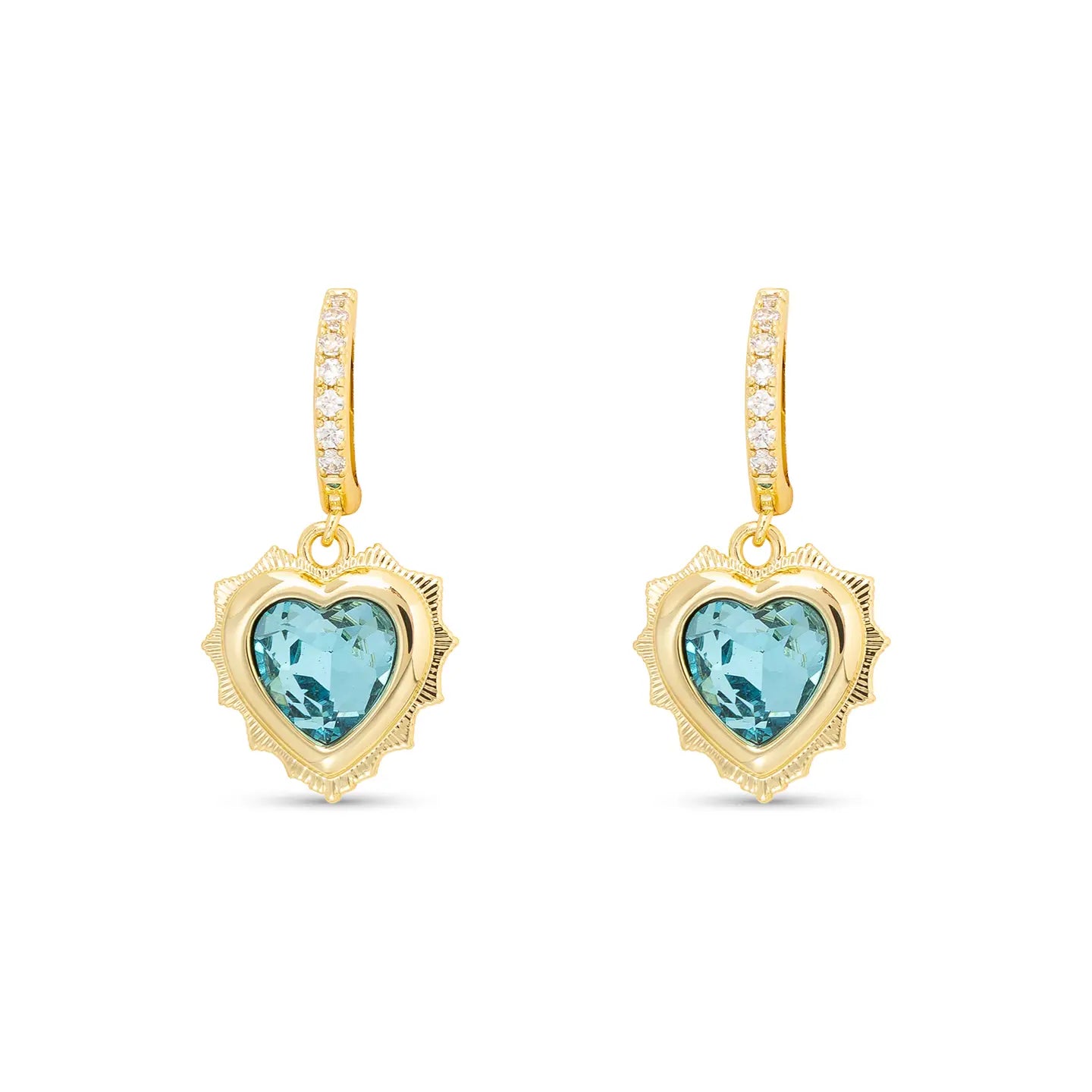 Gold Huggie Earrings with Gold Dangle Heart Pendant Filled with Birthstone Crystal