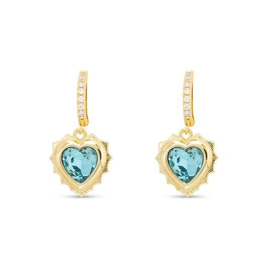 Gold Huggie Earrings with Gold Dangle Heart Pendant Filled with Birthstone Crystal