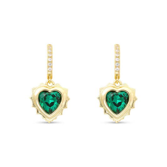Gold Huggie Earrings with Gold Dangle Heart Pendant Filled with Birthstone Crystal