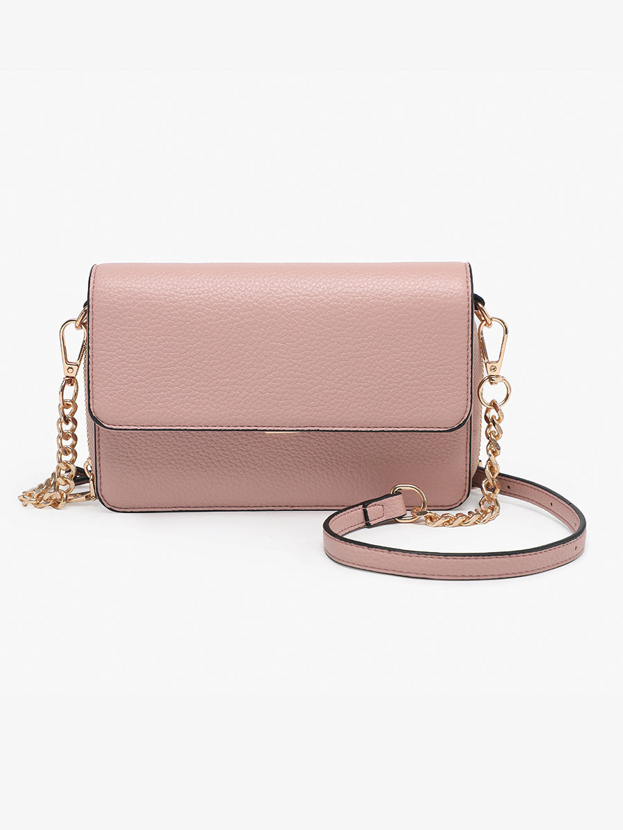 Lauryn Vegan Push-Lock Crossbody, Multi-Compartment, Push-Open & Zip Closure, Chain Strap Detailing, Adjustable/ Removable Strap, Soft Pink Color. 