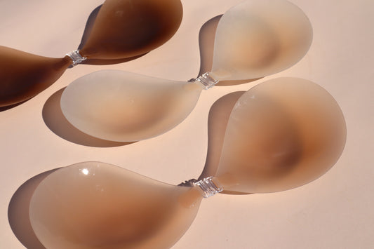 brown, nude, tan color silicone stick on bra, front closure.