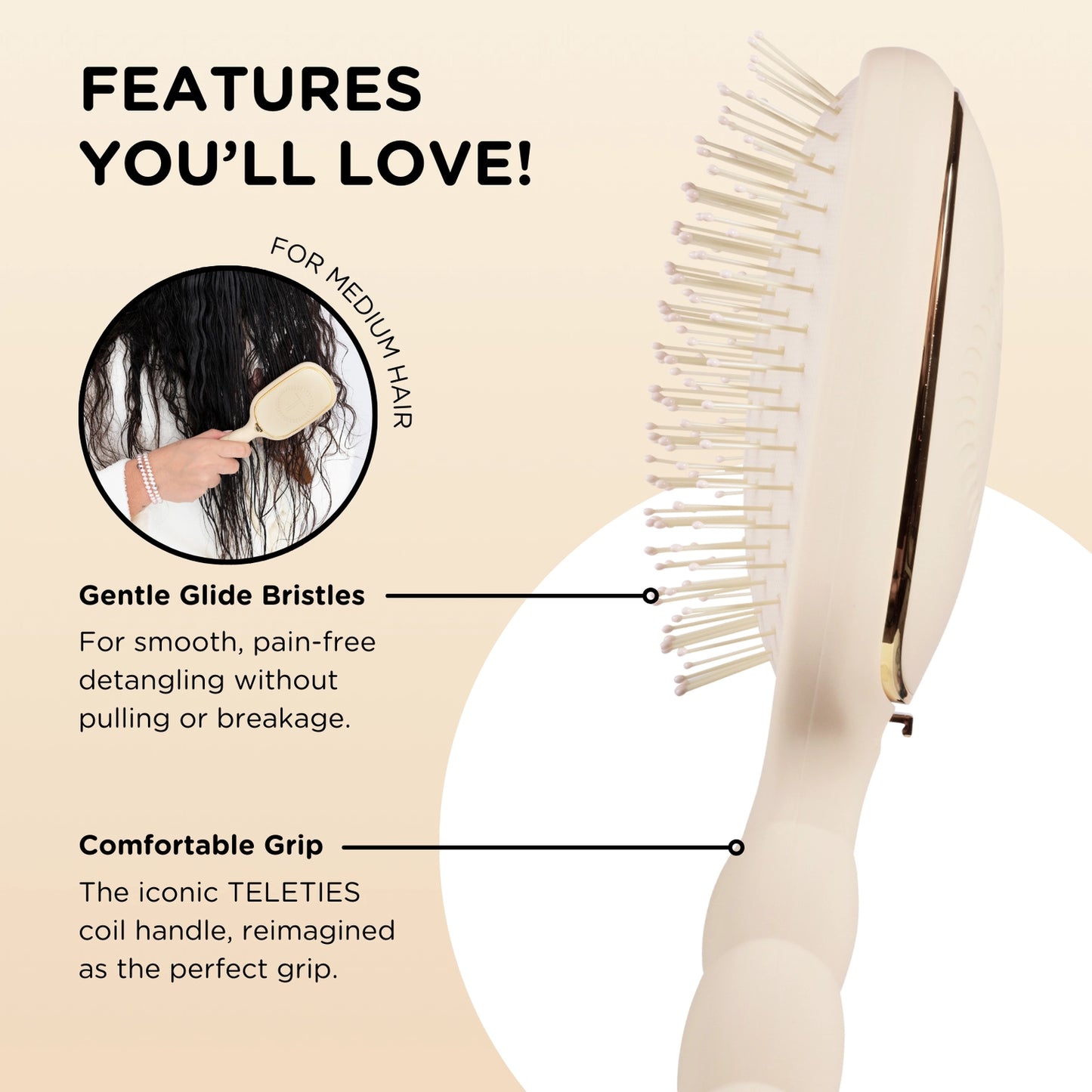 Oval hair brush, beige handle, gentle glide bristle, textured handle with gold trim, comfortable grip handle, for medium hair. 