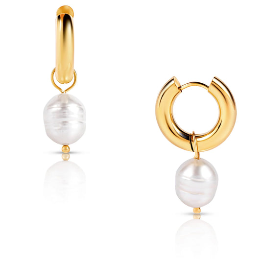 small gold huggie hoop earrings with pearl charm