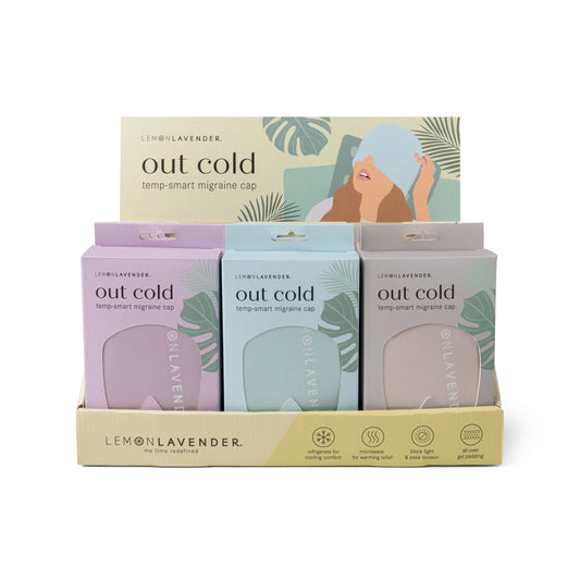 Packaging of Lemon Lavender out cold temp-smart migraine cap, comes in pink, blue, or purple