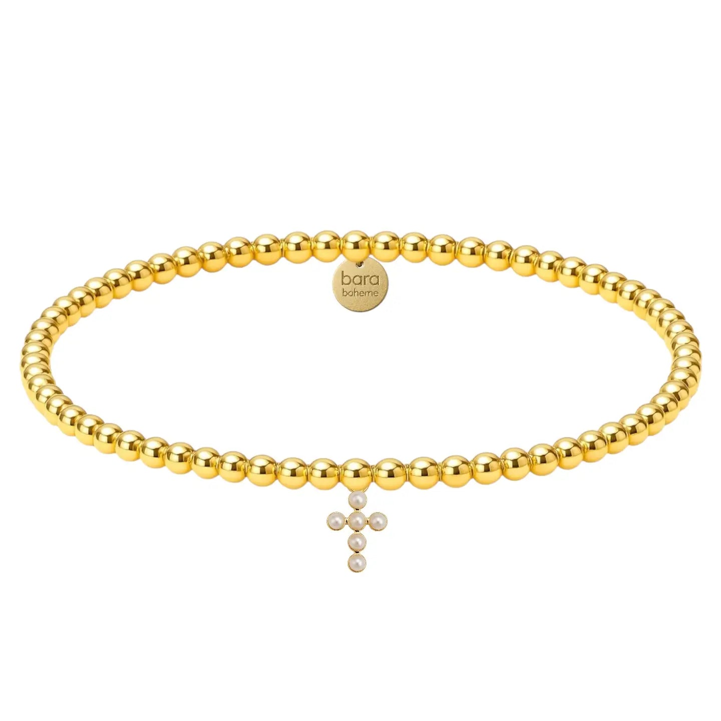 gold beaded bracelet with pearl cross charm