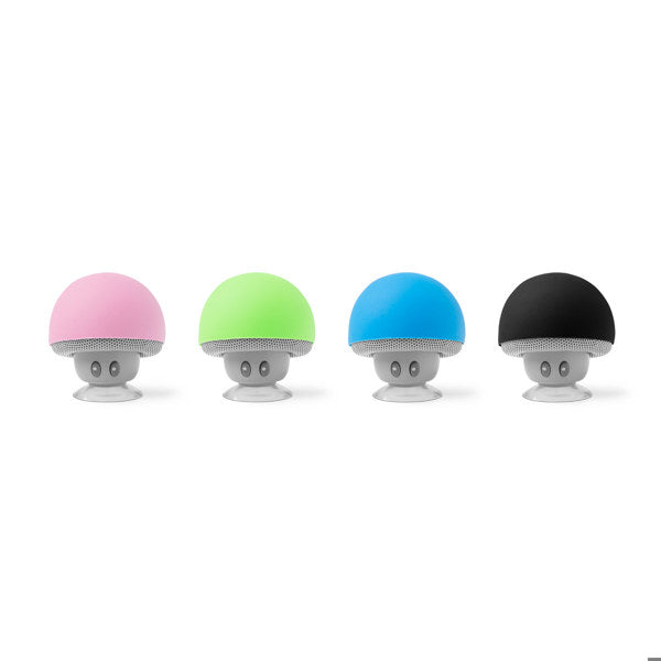 Fun mushroom design
Suction cup sticks to any hard surface
Wireless Bluetooth-certified connection
Built-in microphone with volume and call control
Easy on/off push button
Push buttons for play/pause, volume, previous/next track
Fully charged at 1 hour
Battery lasts up to 2 hours
Micro USB charging cord included
Pure bass sound + full call and volume control