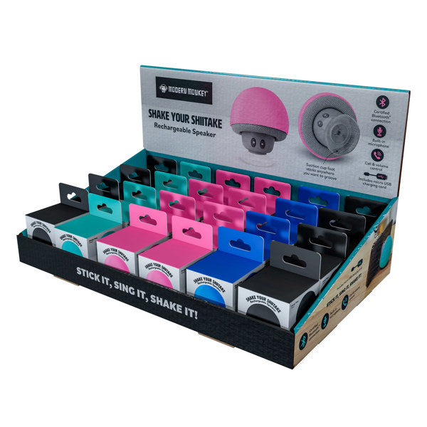 Fun mushroom design
Suction cup sticks to any hard surface
Wireless Bluetooth-certified connection
Built-in microphone with volume and call control
Easy on/off push button
Push buttons for play/pause, volume, previous/next track
Fully charged at 1 hour
Battery lasts up to 2 hours
Micro USB charging cord included
Pure bass sound + full call and volume control