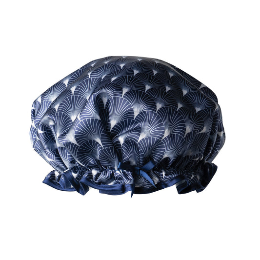 navy and white shell design shower cap