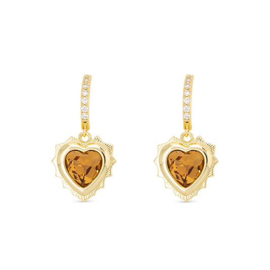 Gold Huggie Earrings with Gold Dangle Heart Pendant Filled with Birthstone Crystal