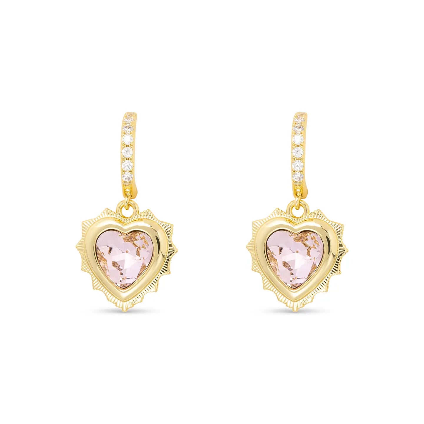 Gold Huggie Earrings with Gold Dangle Heart Pendant Filled with Birthstone Crystal
